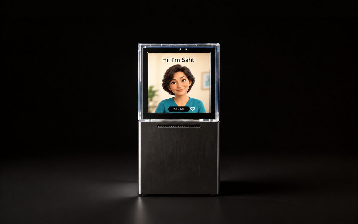 Sahti device, front view, companion on screen saying Hi, I'm Sahti.