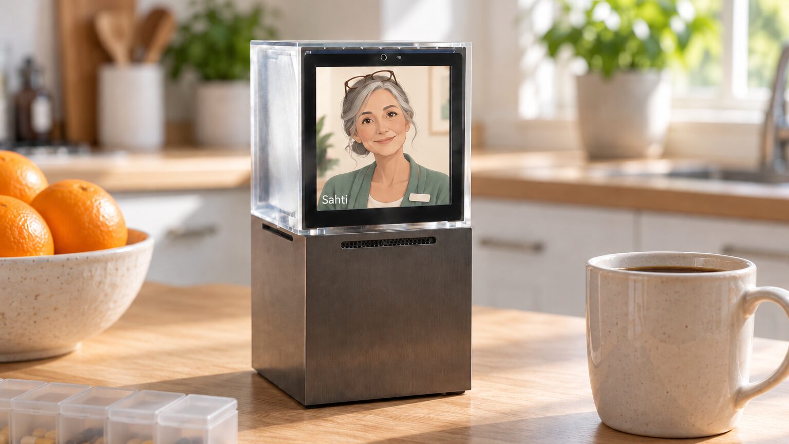The Sahti device on a kitchen counter in morning light, beside a bowl of oranges, a coffee mug and a pill organizer; a friendly health-aide companion is on its screen.