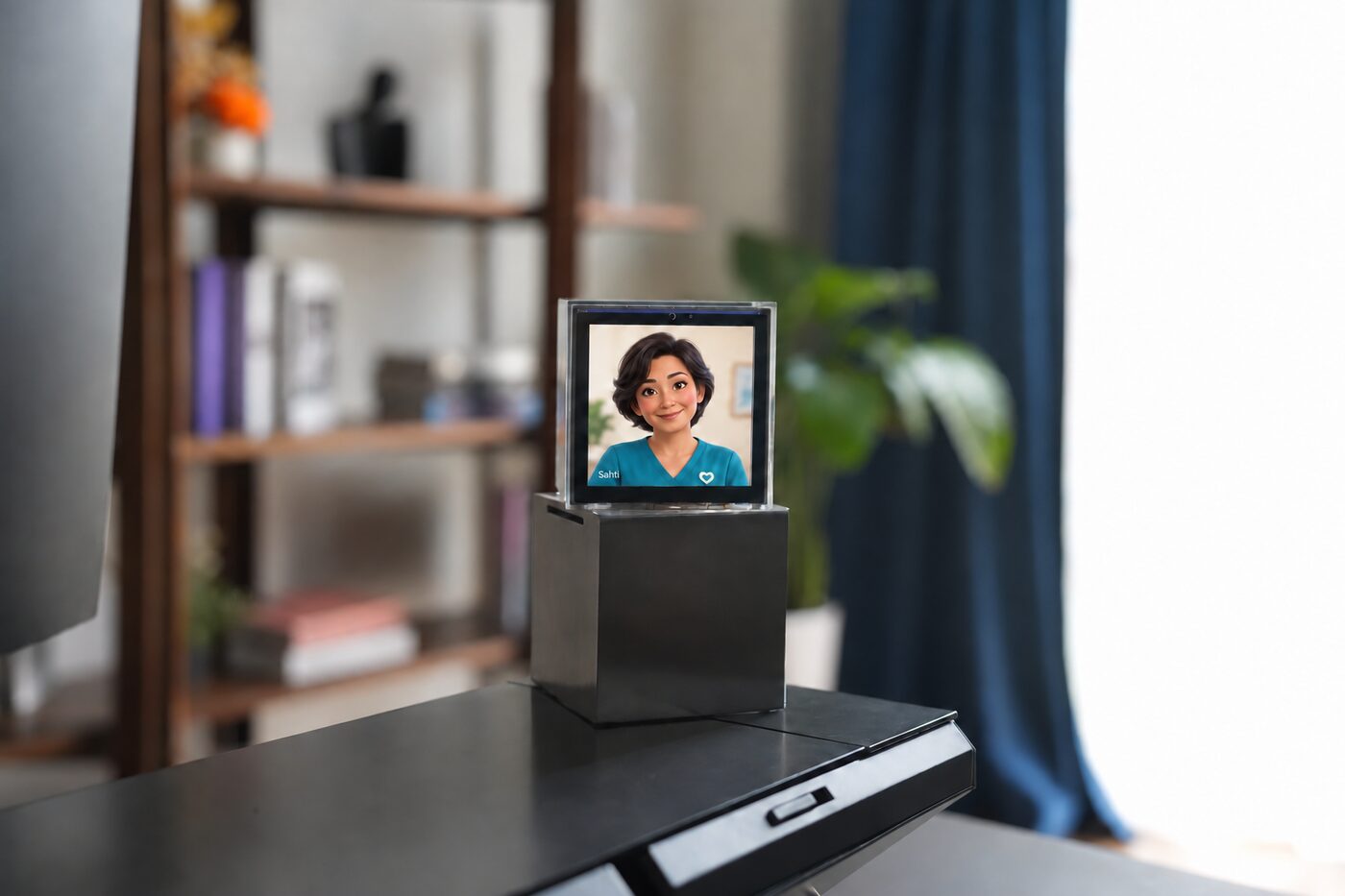 Sahti on a desk in a bright home office, its companion smiling on screen.