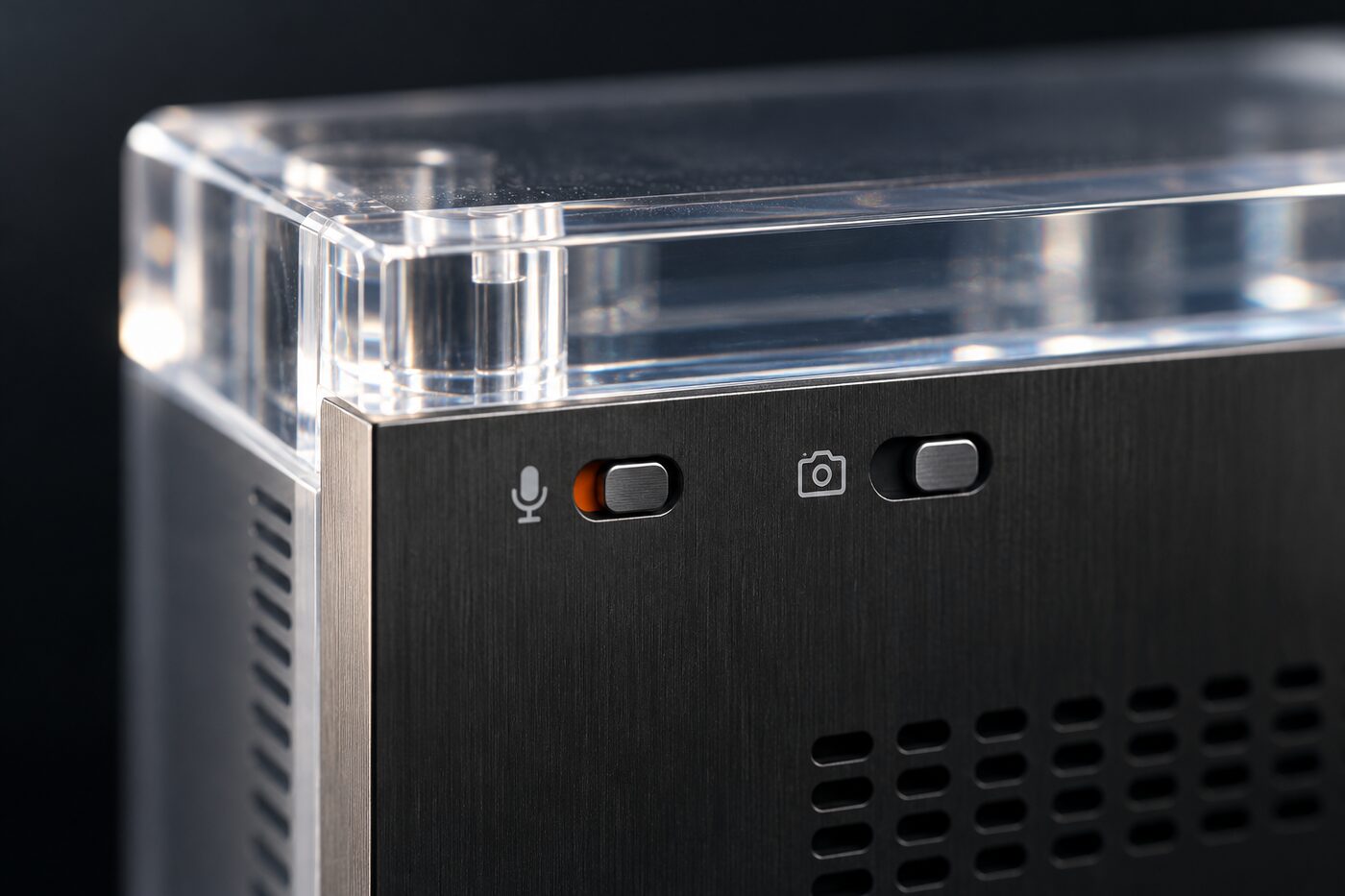 Close-up of the physical microphone and camera switches on the back of the Sahti device.