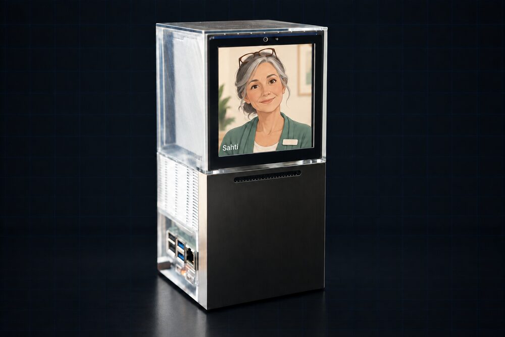 Sahti device, three-quarter view, companion on screen.