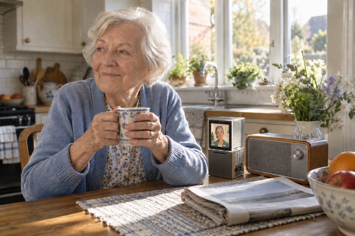Rose at her kitchen table at 7 AM with a mug of tea.