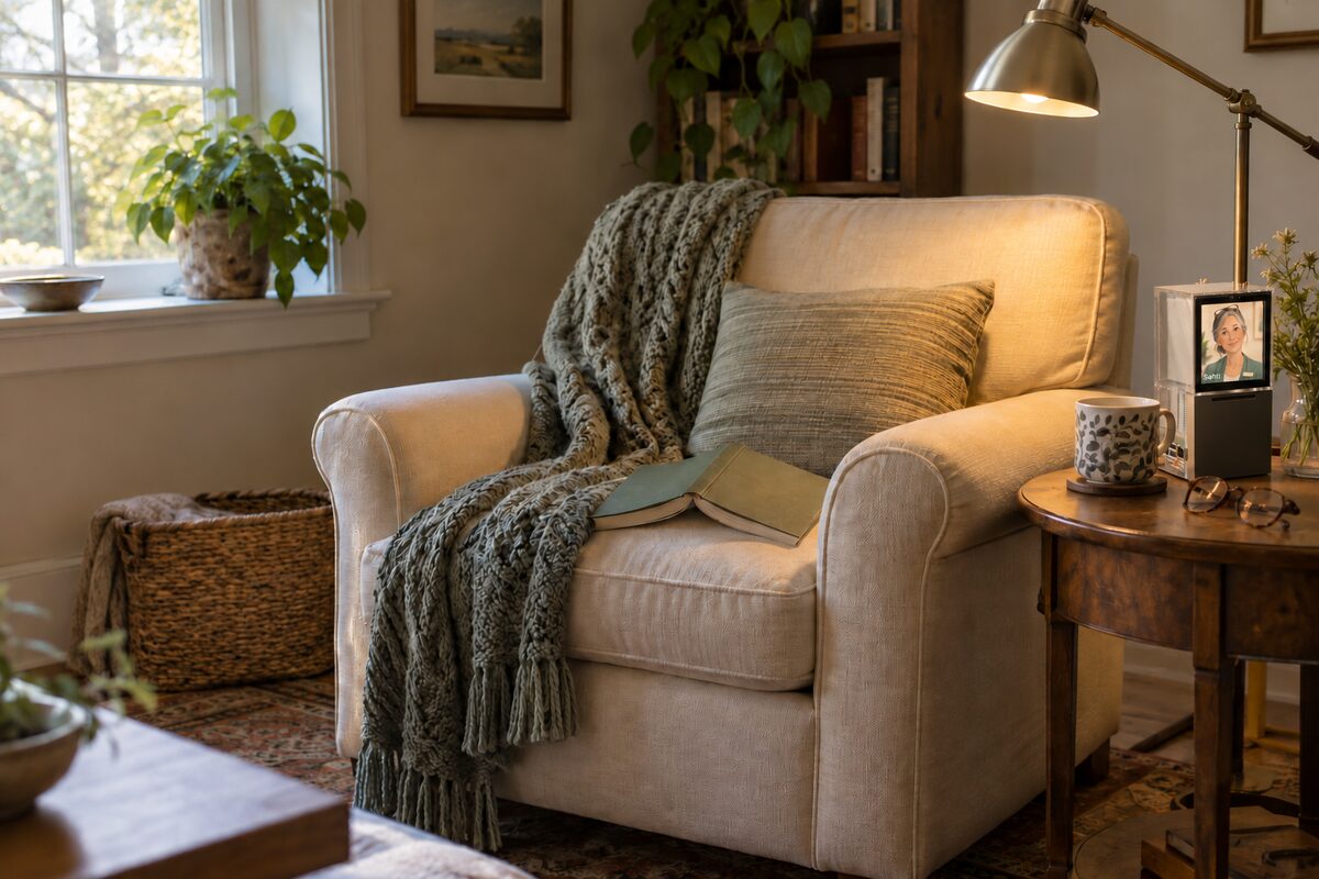 An empty armchair with the reading lamp still on.