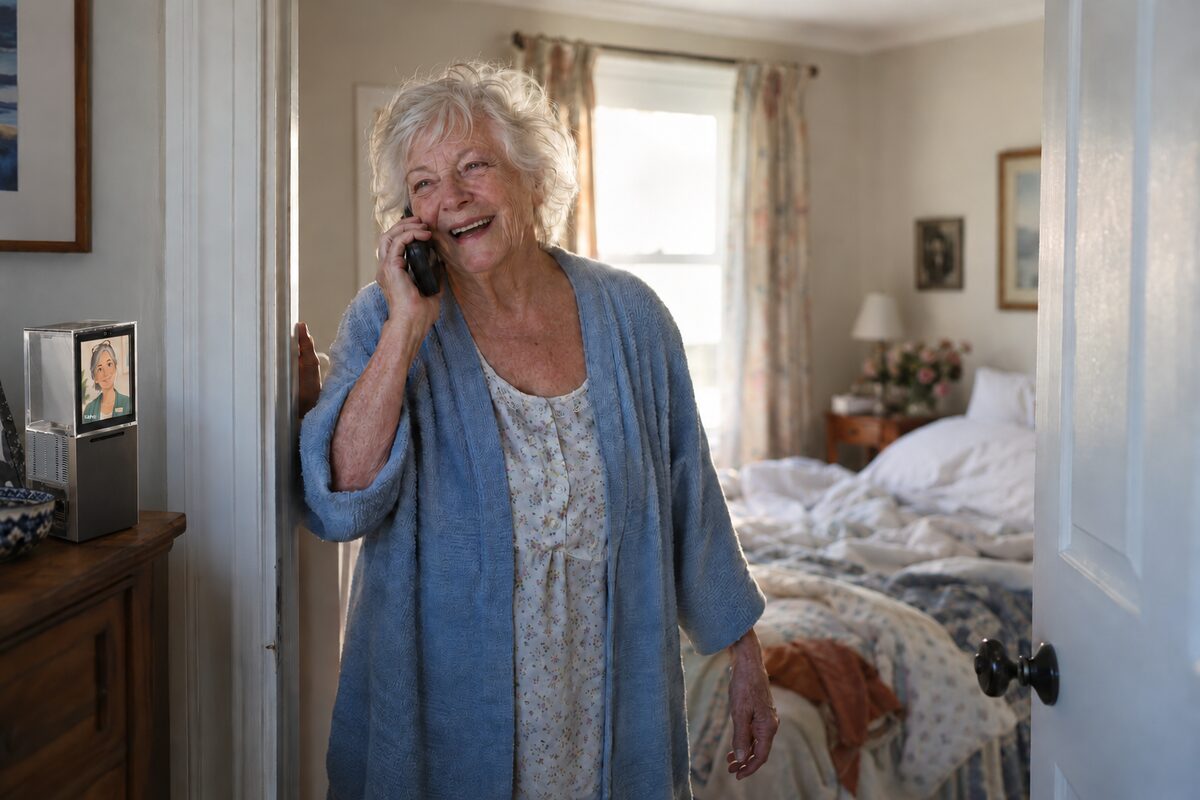 Rose laughing on the phone in her bedroom doorway.